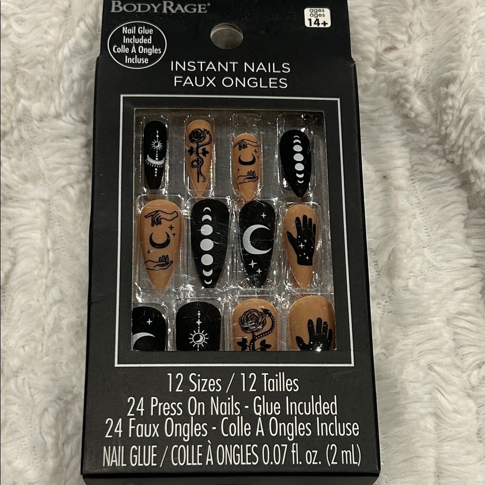 Body Rage celestial moon phase Black and Tan Instant Nails 24 set new